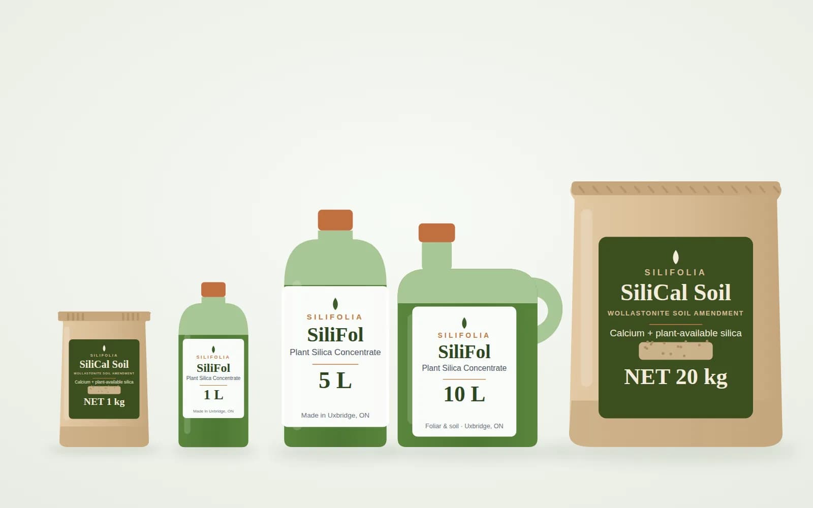 The Silifolia range — SiliFol liquid concentrate in 1 L, 5 L and 10 L, and SiliCal granular soil amendment in 1 kg and 20 kg