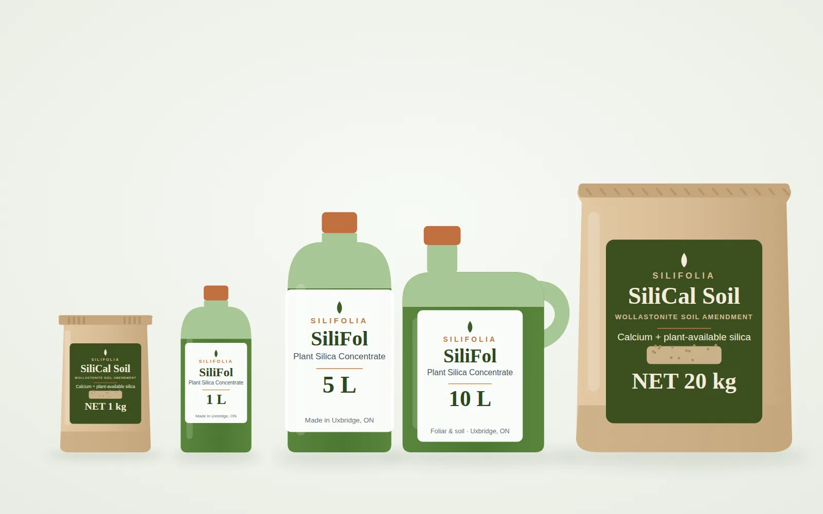 The Silifolia range — SiliFol liquid concentrate in 1 L, 5 L and 10 L, and SiliCal granular soil amendment in 1 kg and 20 kg